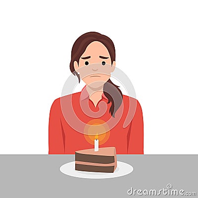 Young woman sits at table with piece cake with candle and suffers from absence of relatives and friends. Unhappy mother celebrates Vector Illustration