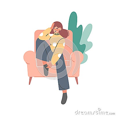 Young Woman Sitting in Armchair with Bended Leg with Head Reclined Upon Hand and Foliage Behind Vector Illustration Vector Illustration
