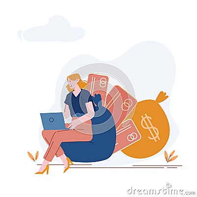 Young Woman Sitting on Chair with Credit Cards and Sack with Dollars nearby Working on Laptop. Money Transfer Vector Illustration
