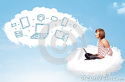 Young woman sitting in cloud with laptop Stock Photo