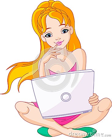 Young woman sitting on cushion with laptop Vector Illustration