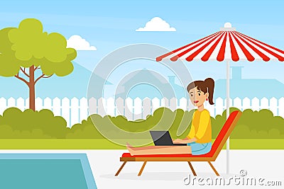 Young Woman Sitting in Deck Chair with Laptop Computer Running Remotely, Freelance, E-learning, Remote Work Concept Flat Vector Illustration
