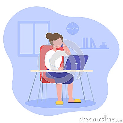 Young woman sitting at desk with laptop and answers phone business call. Freelance, remote work at home, online jobs and home Cartoon Illustration