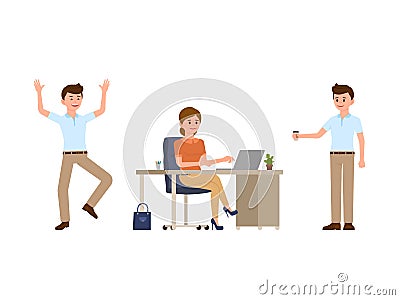 Young woman sitting at the desk, using laptop. Young man holding coffee, happily laughing. Cartoon character casual look. Vector Illustration