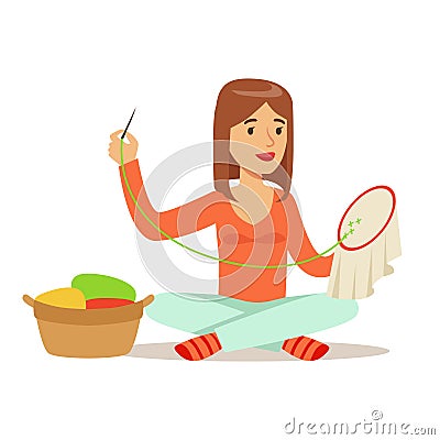 Young woman sitting on the floor and embroidering cross on the canvas. Craft hobby and profession colorful character Vector Illustration