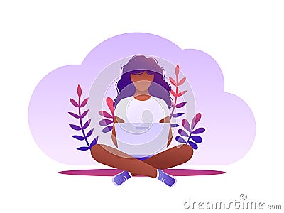 Young woman sitting on the floor with laptop. Freelance, working from home, distance education, shopping online, surfing the Cartoon Illustration