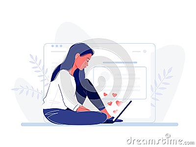 Young woman sitting on the floor with laptop near big computer screen. Hearts fly out of the screen. Surfing the internet, social Cartoon Illustration