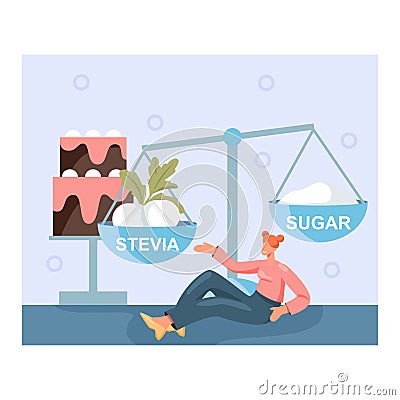 Young woman sitting on floor near scales and big cake. Concept of choose between sugar and stevia Vector Illustration