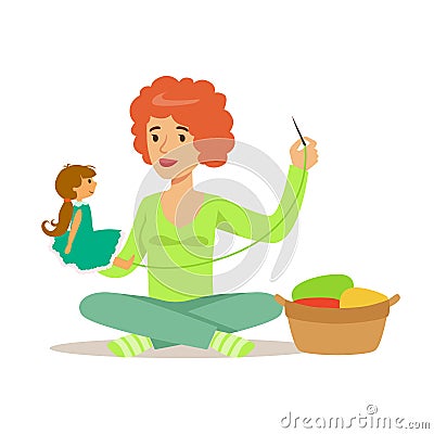 Young woman sitting on the floor and sewing doll. Craft hobby and profession colorful character vector Illustration Vector Illustration