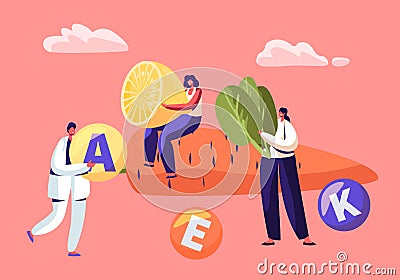 Young Woman Sitting at Huge Carrot Holding Lemon Half in Hands, Man with Spinach, Healthy Food Choice, Vitamins in Products Vector Illustration