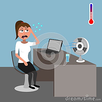 Young woman sitting in office and sweating in hot weather Cartoon Illustration