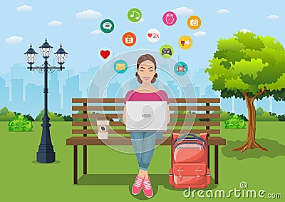 Young woman sitting in the park on the bench Vector Illustration
