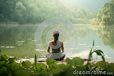 Young woman sitting peacefully by tranquil lake. Generative AI Stock Photo