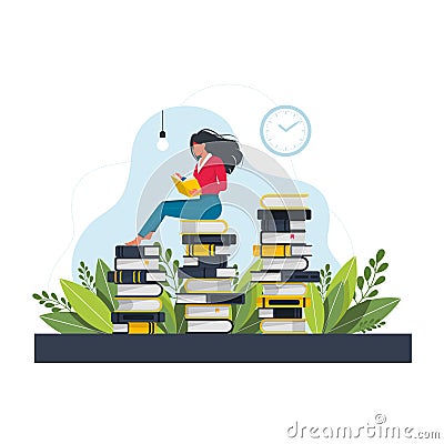 Young woman sitting reading on a huge stack of books.Student reading book and learning.Girl's pastime, leisure or hobby. Vector Illustration