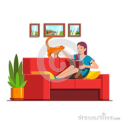 Woman sitting on sofa, reading book, petting cat Vector Illustration