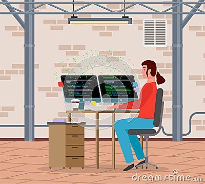 A young woman sitting at a table writing code on the computer. Programmer laptop screen with script Stock Photo