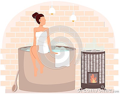 Young woman sitting on tub. Girl on barrel wrapped in towel is resting in sauna in hot steam Vector Illustration