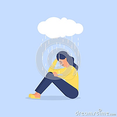 Young woman sitting under rain, depression concept. Depressed, unhappy girl, woman sitting under rain cloud. Vector Illustration
