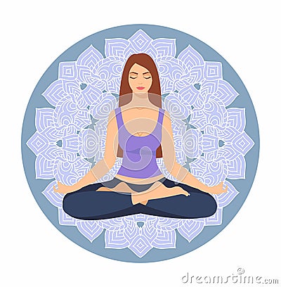 Young woman sitting in yoga lotus pose against the background of a circular ornament. Meditating girl illustration. Yoga woman Vector Illustration