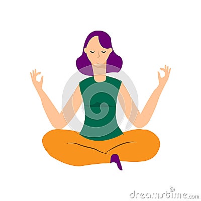 Young woman sitting in yoga lotus pose. Meditating girl illustration. Yoga woman, meditation, anti-stress people. - Illustration Vector Illustration