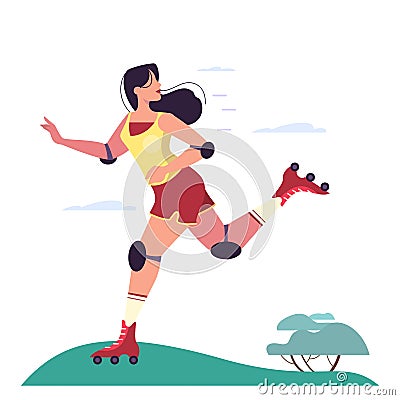 Young woman skating in the park. Woman with a roller skates Vector Illustration