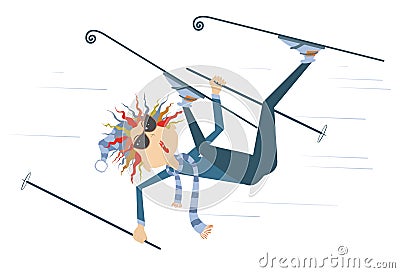 Falling down young skier woman. Winter sport Vector Illustration