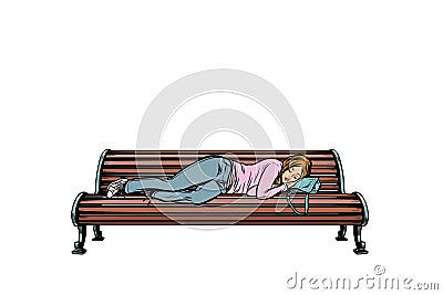 Young woman sleeping on a bench. homeless Vector Illustration