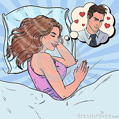 Young woman sleeping in her bed. She sees a dream with the man she loves. Vector Illustration