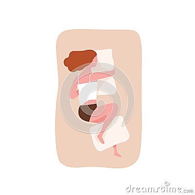 Young woman sleeping on her side and hugging pillow. Cute funny girl falling asleep on comfortable bed. Night relaxation Vector Illustration