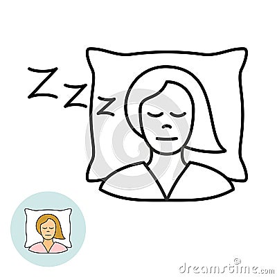 Young woman sleeping on a pillow line icon. Girl snoring illustration. Vector Illustration