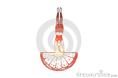 Young woman with slim figure doing handstand on piece of orange, workout, yoga and vegetarian food Vector Illustration