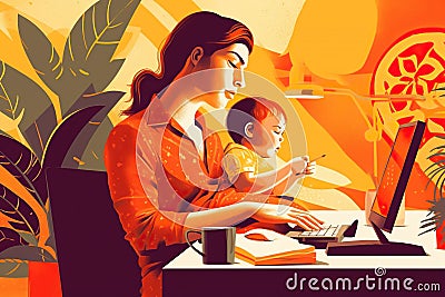 A young woman with a small child works on a computer from home, illustrating the challenges of maternity leave Stock Photo
