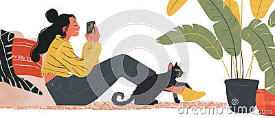 Young woman with a smartphone and her black cat at home. Cozy atmosphere. Horzintal banner for animal shelters. Flat illustration Cartoon Illustration