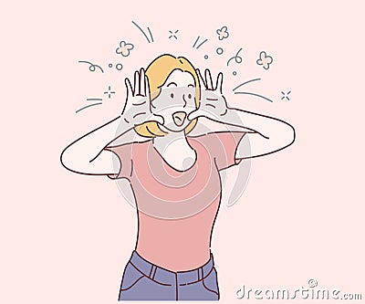 Young woman is smiling and cheerful with hands showing face. Surprised and excited. Vector Illustration