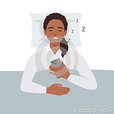 Young woman Snoring lying in the bed, snores loudly with open mouth while deep sleep holding phone Cartoon Illustration