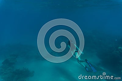 Young woman snorkling under water sea reef and coral. Summer vocation. Stock Photo