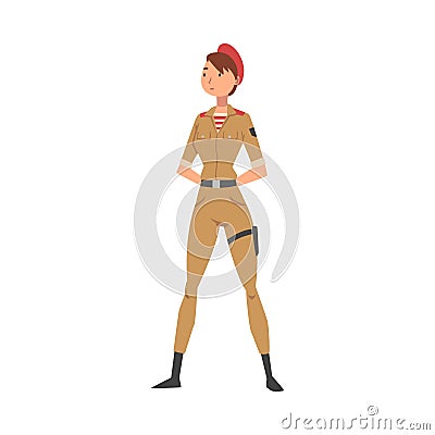 Young Woman Soldier or Officer in Khaki Combat Uniform and Red Beret, Professional Military Female Character Vector Vector Illustration