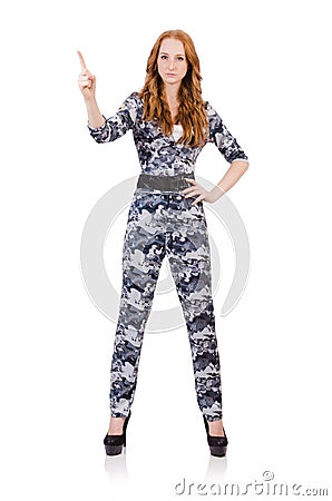 Young woman soldier pressing virtual buttons isolated Stock Photo