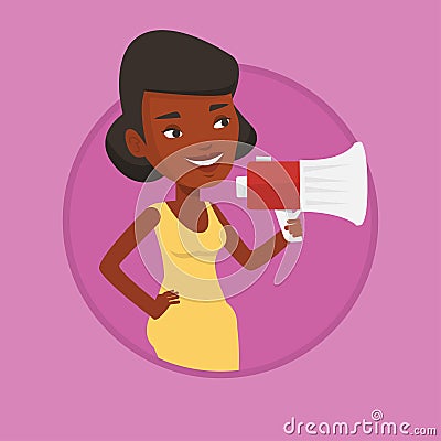 Young woman speaking into megaphone. Vector Illustration