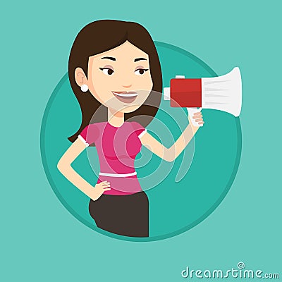 Young woman speaking into megaphone. Vector Illustration