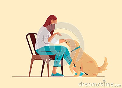 young woman spending time with dog female owner and cute domestic animal friendship with pet concept Vector Illustration