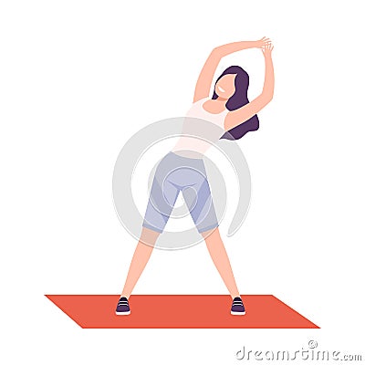 Young Woman in Sportswear Doing Side Bend Stretch, Girl Exercising in Fitness Club, Gym or Home, Active Healthy Vector Illustration