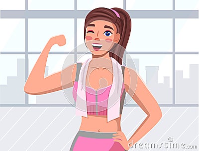 Young woman in sportswear, promoting healthy lifestyle flat design. Pretty sports girl in the gym Vector Illustration
