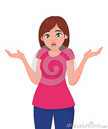 Young woman spread her hand and shrugging shoulder. I do not know. Oops, sorry, why, doubt...Question expression. Vector Illustration