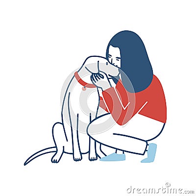 Young woman squatted down, hugs and kisses her dog. Funny girl embracing her domestic animal. Happy female cartoon Vector Illustration
