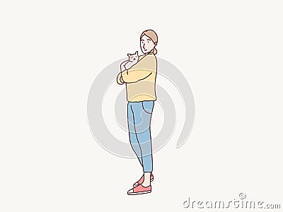 Young woman stand hugs cat She is so happy animal love korean simple style illustration Vector Illustration