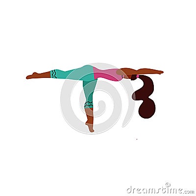 Young woman stand on one leg in a yoga pose and meditates. Yoga girl in fitness position. Cute bright girl performs yoga asana Cartoon Illustration