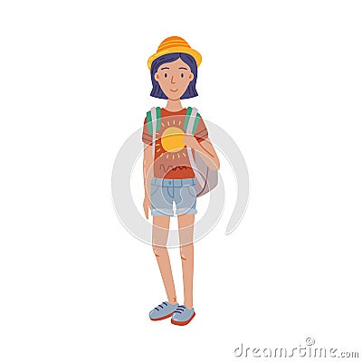 Young Woman Standing with Backpack Summer Outdoor Activity, Travel, Camping, Backpacking Trip Cartoon Style Vector Vector Illustration