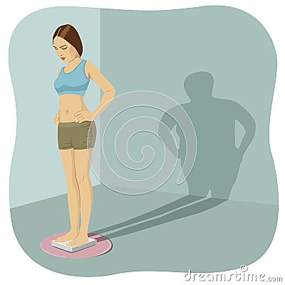 Young woman standing on bathroom scale with her shadow shows her distorted body image Vector Illustration