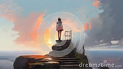 Young woman standing on broken stairs leading up to sky, digital art style Cartoon Illustration